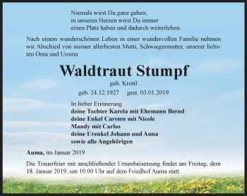 Traueranzeige von Waldtraut Stumpf von Ostthüringer Zeitung