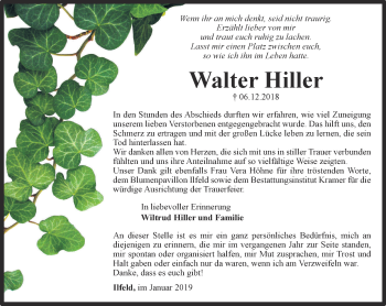 Traueranzeige von Walter Hiller von Thüringer Allgemeine