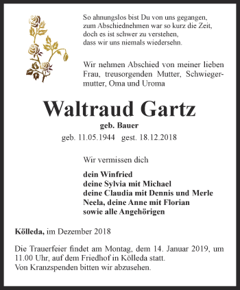 Traueranzeige von Waltraud Gartz von Thüringer Allgemeine