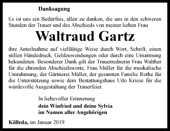 Traueranzeige von Waltraud Gartz von Thüringer Allgemeine