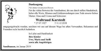 Traueranzeige von Waltraud Karstedt von Ostthüringer Zeitung, Thüringische Landeszeitung
