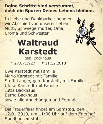 Traueranzeige von Waltraud Karstedt von Ostthüringer Zeitung, Thüringische Landeszeitung