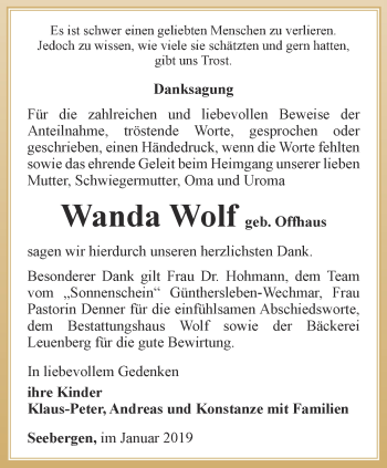 Traueranzeige von Wanda Wolf von Ostthüringer Zeitung, Thüringische Landeszeitung