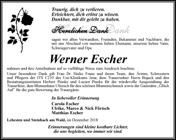 Traueranzeige von Werner Escher von Ostthüringer Zeitung