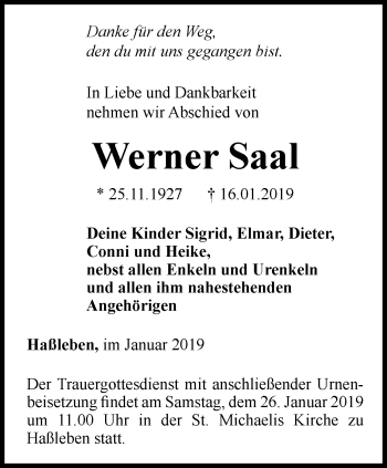 Traueranzeige von Werner Saal von Thüringer Allgemeine