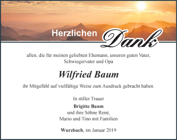 Traueranzeige von Wilfried Baum von Ostthüringer Zeitung