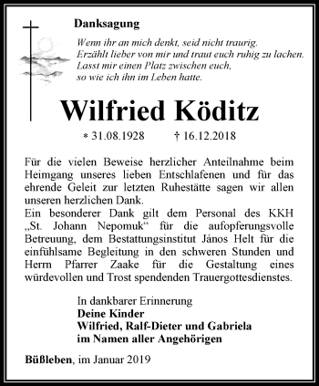 Traueranzeige von Wilfried Köditz von Thüringer Allgemeine, Thüringische Landeszeitung