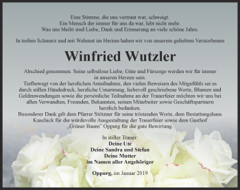 Traueranzeige von Winfried Wutzler von Ostthüringer Zeitung