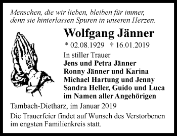 Traueranzeige von Wolfgang Jänner von Ostthüringer Zeitung, Thüringische Landeszeitung