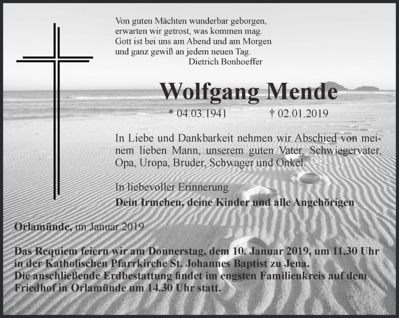  Traueranzeige für Wolfgang Mende vom 08.01.2019 aus Ostthüringer Zeitung, Thüringische Landeszeitung