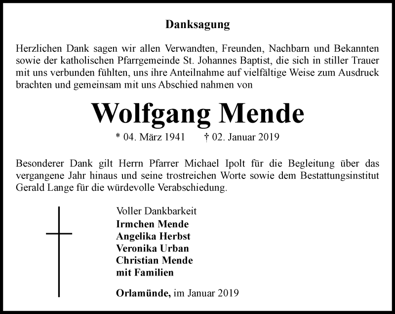  Traueranzeige für Wolfgang Mende vom 26.01.2019 aus Ostthüringer Zeitung, Thüringische Landeszeitung
