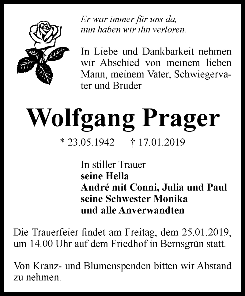  Traueranzeige für Wolfgang Prager vom 23.01.2019 aus Ostthüringer Zeitung