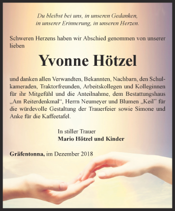 Traueranzeige von Yvonne Hötzel von Thüringer Allgemeine, Thüringische Landeszeitung