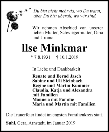 Traueranzeige von llse Minkmar von Ostthüringer Zeitung