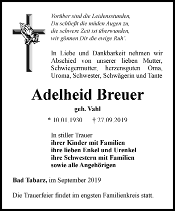 Traueranzeige von Adelheid Breuer von Ostthüringer Zeitung, Thüringische Landeszeitung