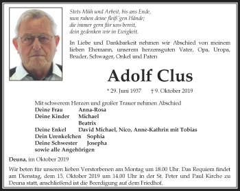 Traueranzeige von Adolf Clus von Thüringer Allgemeine