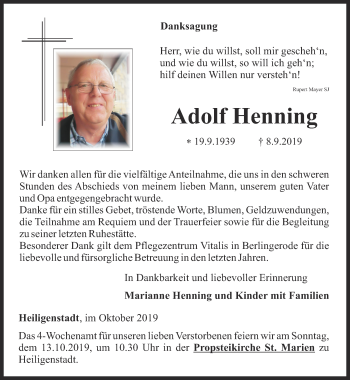 Traueranzeige von Adolf Henning von Thüringer Allgemeine