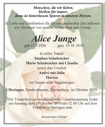 Traueranzeige von Alice Junge von Thüringer Allgemeine