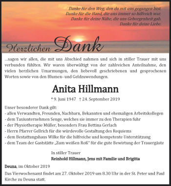 Traueranzeige von Anita Hillmann von Thüringer Allgemeine