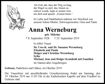 Traueranzeige von Anna Werneburg von Thüringer Allgemeine, Thüringische Landeszeitung