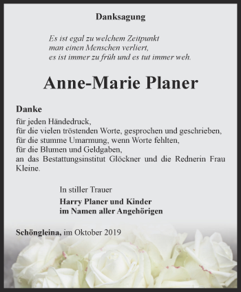 Traueranzeige von Anne-Marie Planer von Ostthüringer Zeitung