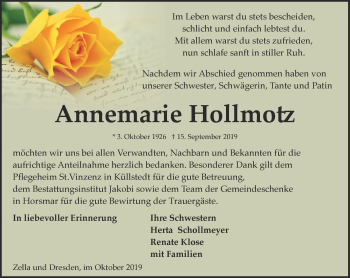 Traueranzeige von Annemarie Honmotz von Thüringer Allgemeine, Thüringische Landeszeitung
