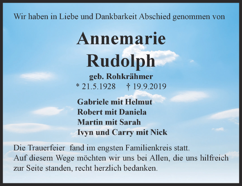  Traueranzeige für Annemarie Rudolph vom 12.10.2019 aus Thüringer Allgemeine, Thüringische Landeszeitung