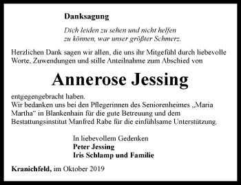 Traueranzeige von Annerose Jessing von Thüringer Allgemeine, Thüringische Landeszeitung