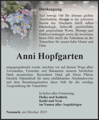 Traueranzeige von Anni Hopfgarten von Thüringer Allgemeine, Thüringische Landeszeitung