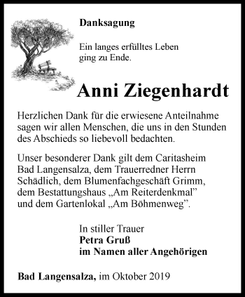 Traueranzeige von Anni Ziegenhardt von Thüringer Allgemeine, Thüringische Landeszeitung