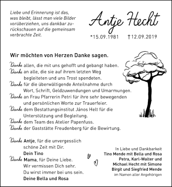 Traueranzeige von Antje Hecht von Thüringer Allgemeine, Thüringische Landeszeitung