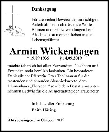 Traueranzeige von Armin Wickenhagen von Thüringer Allgemeine