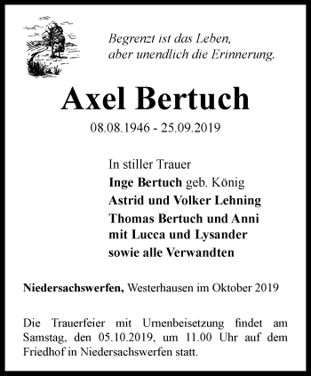 Traueranzeige von Axel Bertuch von Thüringer Allgemeine