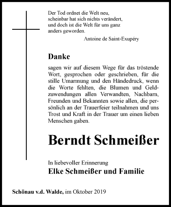 Traueranzeige von Berndt Schmeißer von Ostthüringer Zeitung, Thüringische Landeszeitung