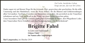 Traueranzeige von Brigitte Fahsl von Thüringer Allgemeine, Thüringische Landeszeitung