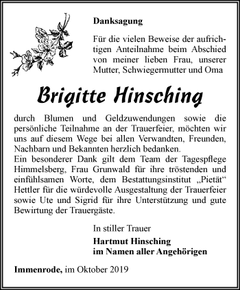 Traueranzeige von Brigitte Hinsching von Thüringer Allgemeine