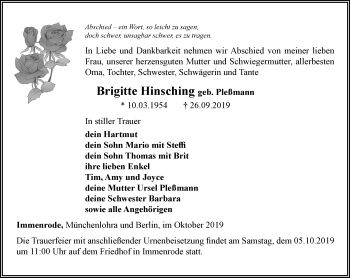 Traueranzeige von Brigitte Hinsching von Thüringer Allgemeine