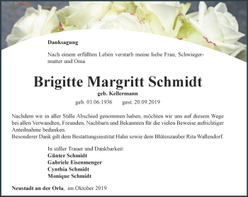 Traueranzeige von Brigitte Margritt Schmidt