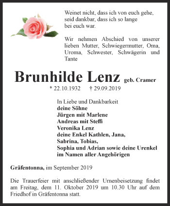 Traueranzeige von Brunhilde Lenz von Thüringer Allgemeine, Thüringische Landeszeitung