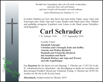 Traueranzeige von Carl Schrader von Thüringer Allgemeine