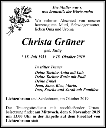 Traueranzeige von Christa Grüner von Ostthüringer Zeitung