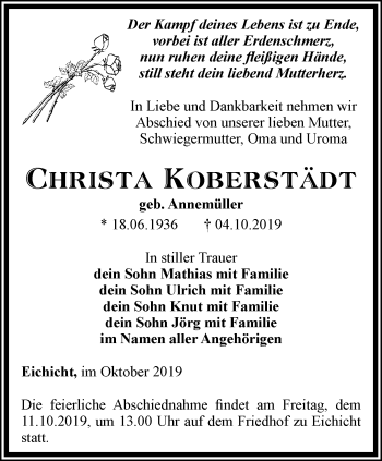 Traueranzeige von Christa Koberstädt von Ostthüringer Zeitung