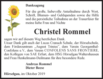 Traueranzeige von Christel Rommel von Ostthüringer Zeitung, Thüringische Landeszeitung