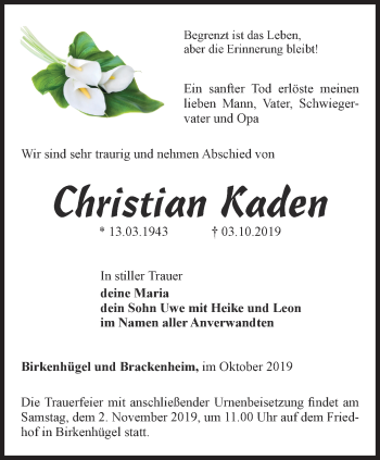 Traueranzeige von Christian Kaden von Ostthüringer Zeitung