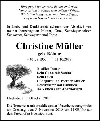 Traueranzeige von Christine Müller von Thüringer Allgemeine, Thüringische Landeszeitung