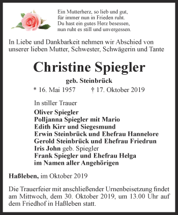 Traueranzeige von Christine Spiegler von Thüringer Allgemeine, Thüringische Landeszeitung