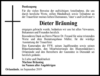 Traueranzeige von Dieter Bräuning von Ostthüringer Zeitung, Thüringische Landeszeitung
