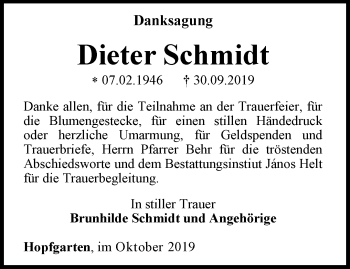 Traueranzeige von Dieter Schmidt von Thüringer Allgemeine, Thüringische Landeszeitung