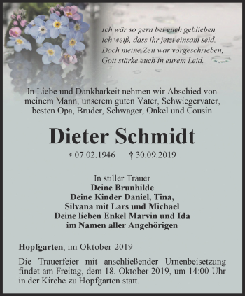 Traueranzeige von Dieter Schmidt von Thüringer Allgemeine, Thüringische Landeszeitung