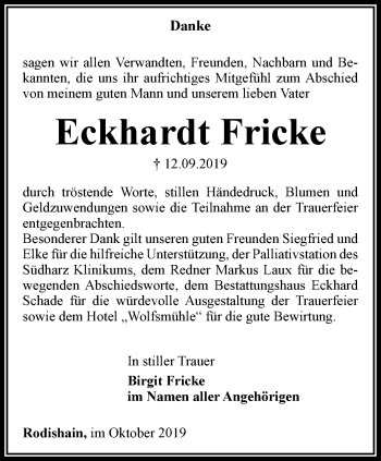 Traueranzeige von Eckhardt Fricke von Thüringer Allgemeine